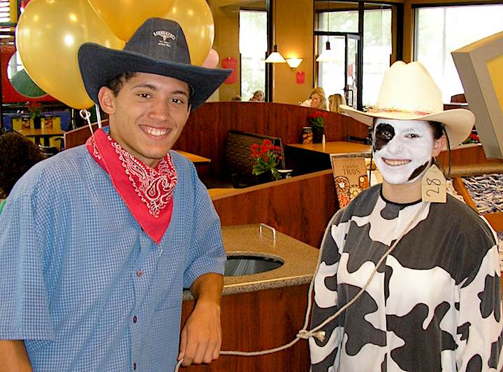 Chick fil a day when Joe dressed as a rancher and Abbey as the cow -scoring free Chick-fil-a meals for their costumes.