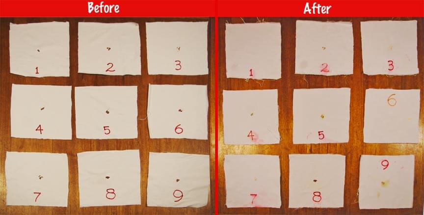 Before and After shots of getting blood out of tested sheet pieces.