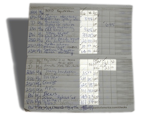 A checkbook register that is used as a part of a powerful budgeting system with account codes written on it.
