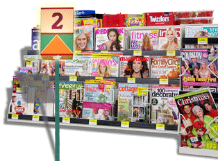 Magazine stand in a grocery store