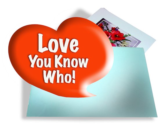 A greeting card envelope with a large heart floating over it.
