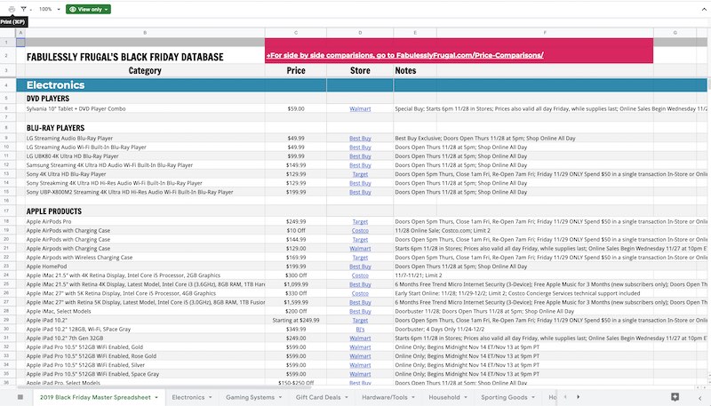 black friday deals spreadsheet from fabulously frugal