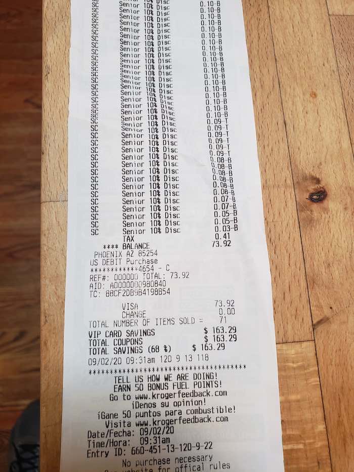Frys Senior Discount Day Grocery Receipt with savings