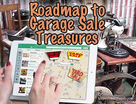 iPad with a woman's hands using a map to find garage sales.