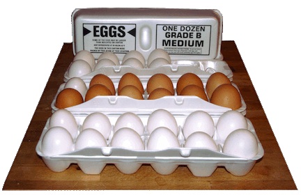 Three cartons of grade b eggs from Kroger, in white styrofoam egg cartons.