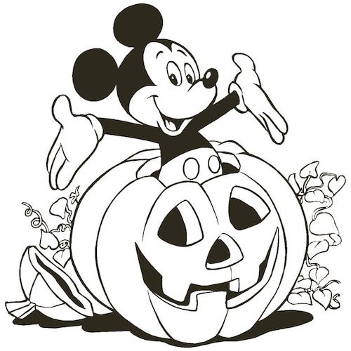 Homemade Halloween party coloring page with Mickey Mouse coming out of a pumpkin.
