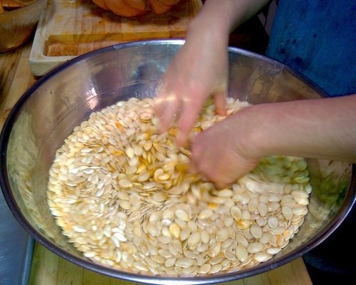 A large silver bowl filled with brine and pumpkin seeds being stirred by hand.