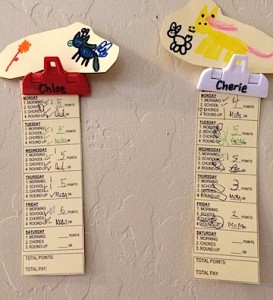 two paper time cards from MoneySmart Kids system hanging in plastic clips on the wall.