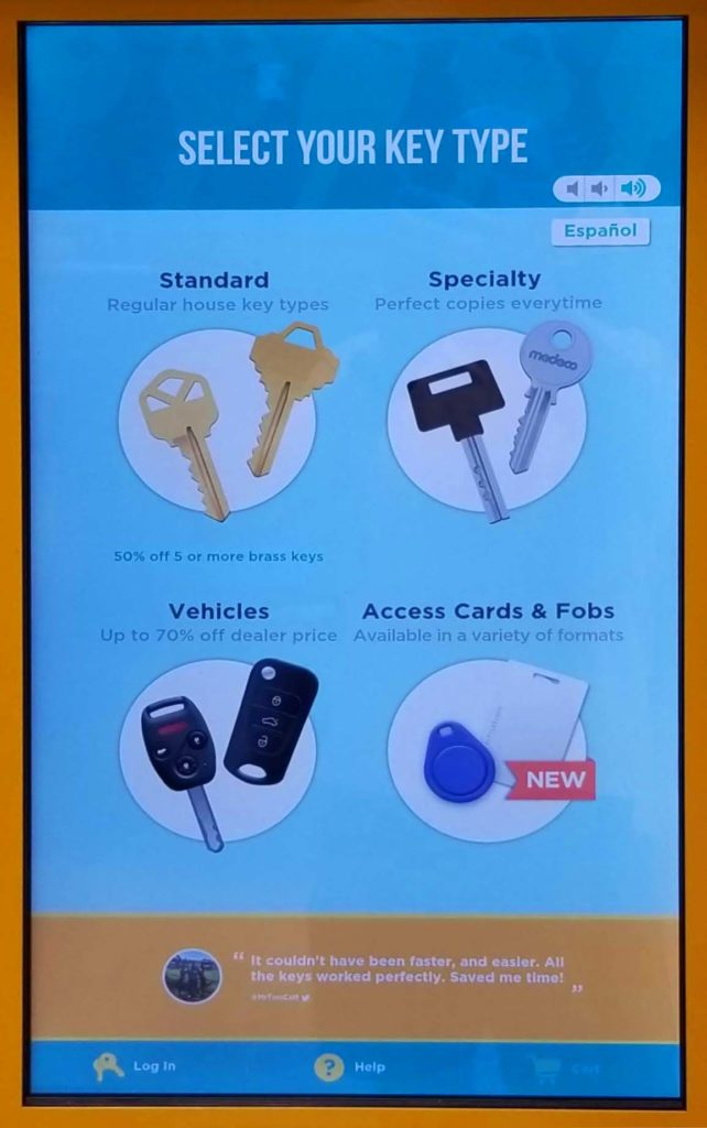 Keyme Kiosk key selection screen