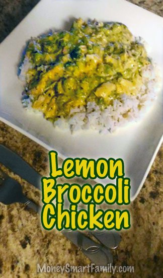 Lemon Broccoli Chicken on a white square plate served over rice.