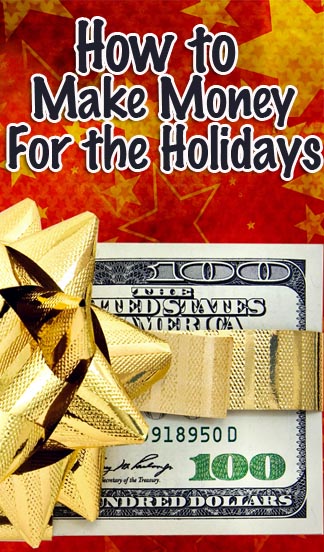 How to make money for the holidays - pile of money with a golden bow.