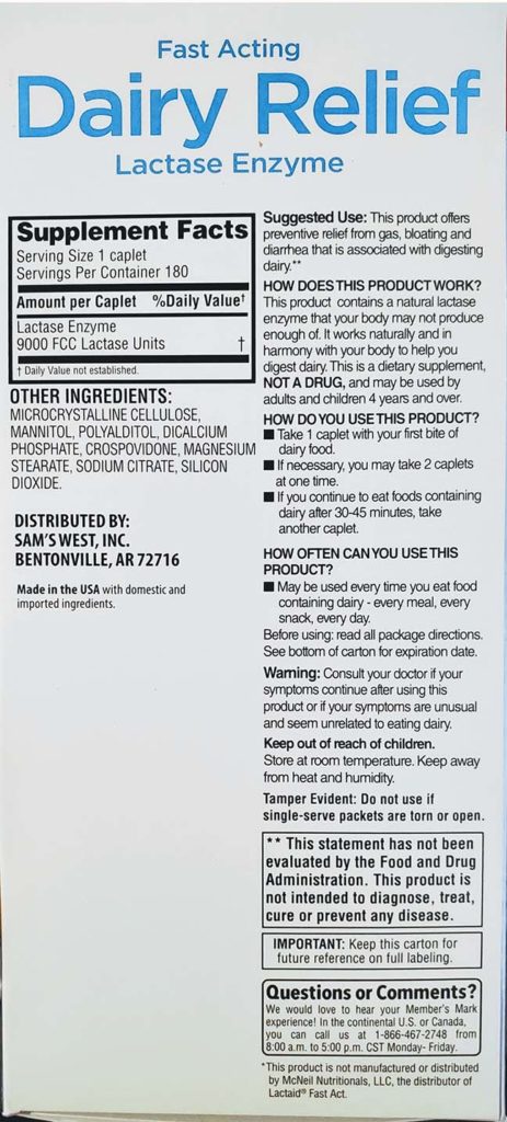 Members Mark Dairy Relief Lactase Tablets