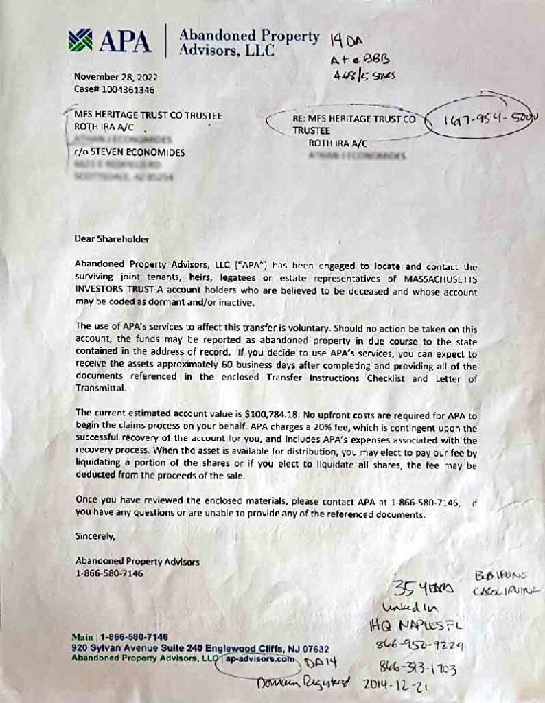 Apa letter to reclaim unclaimed assets missing money - abandoned Property Association