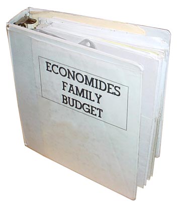 Economides Budget book binder - a white 3 ring binder with pocket folders inside is one of the best budget systems.