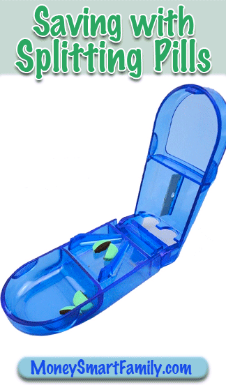 A blue pill splitter with a green pill in it.