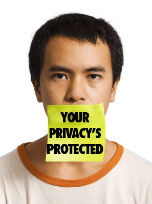 Privacy Policy - Man with post-it note on mouth.