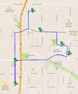 Save money on gas by planning your errand route to be effecient. 
Google map with a route for errands planned in a blue highlighted line.