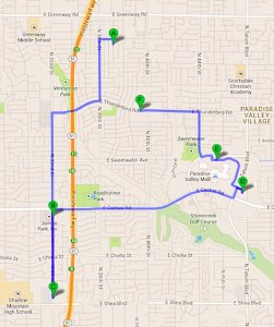 Save money on gas by planning your errand route to be effecient. 
Google map with a route for errands planned in a blue highlighted line.