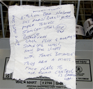 A crumpled shopping list written on a napkin.
