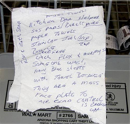 Shopping List written on a Paper Towel - a bad example of a shopping list