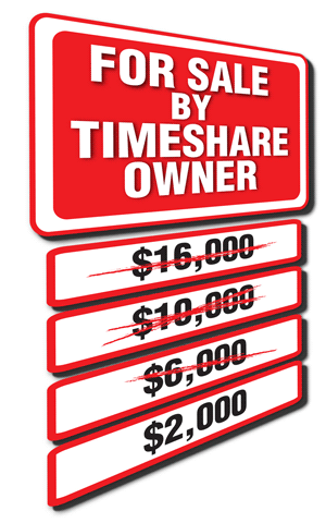 Timeshare for sale by owner sign with prices marked down.