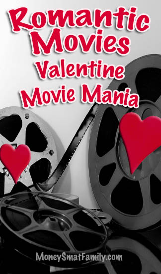 Movie reels with a sheer valentine heart and the title Valentine movie mania