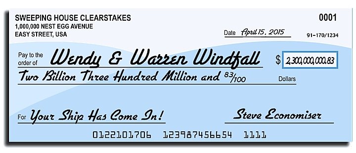 Blue and white check written out to Warren Windfall.