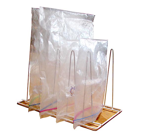 Ziplock bags on a drying rack.