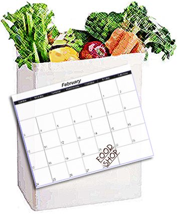 Reducing Shopping trips. Paper grocery bag full of vegetables, with a calendar on the front of the bag.
