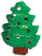 A green Christmas Tree Pinata with blue and red ornaments.